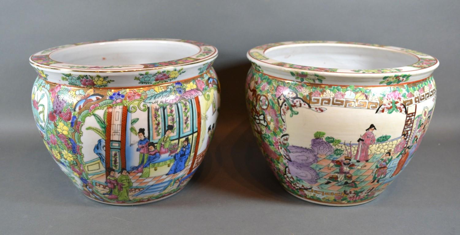 A Pair of 20th Century Chinese Fish Bowls, each decorated in polychrome enamels and highlighted with - Image 2 of 4