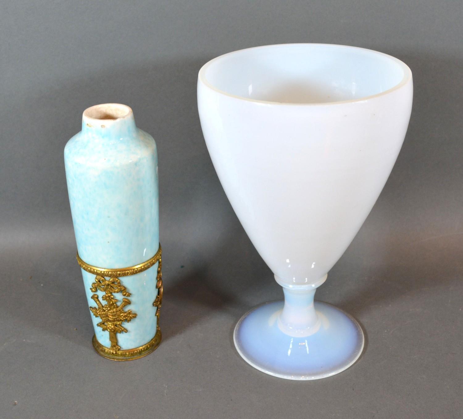 A Mottled Blue Vase with gilt metal mount, marked Sevres 17.5cms tall, together with an opalescent - Image 2 of 2