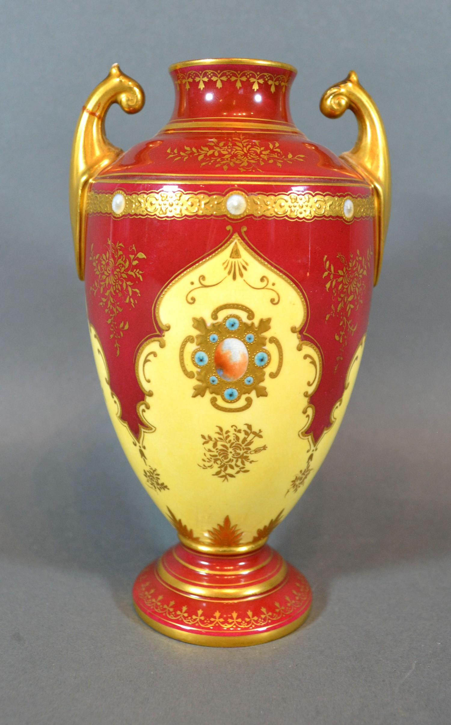 A Coalport Porcelain Two Handled Vase hand painted with a reserve upon a red and cream ground - Image 3 of 4