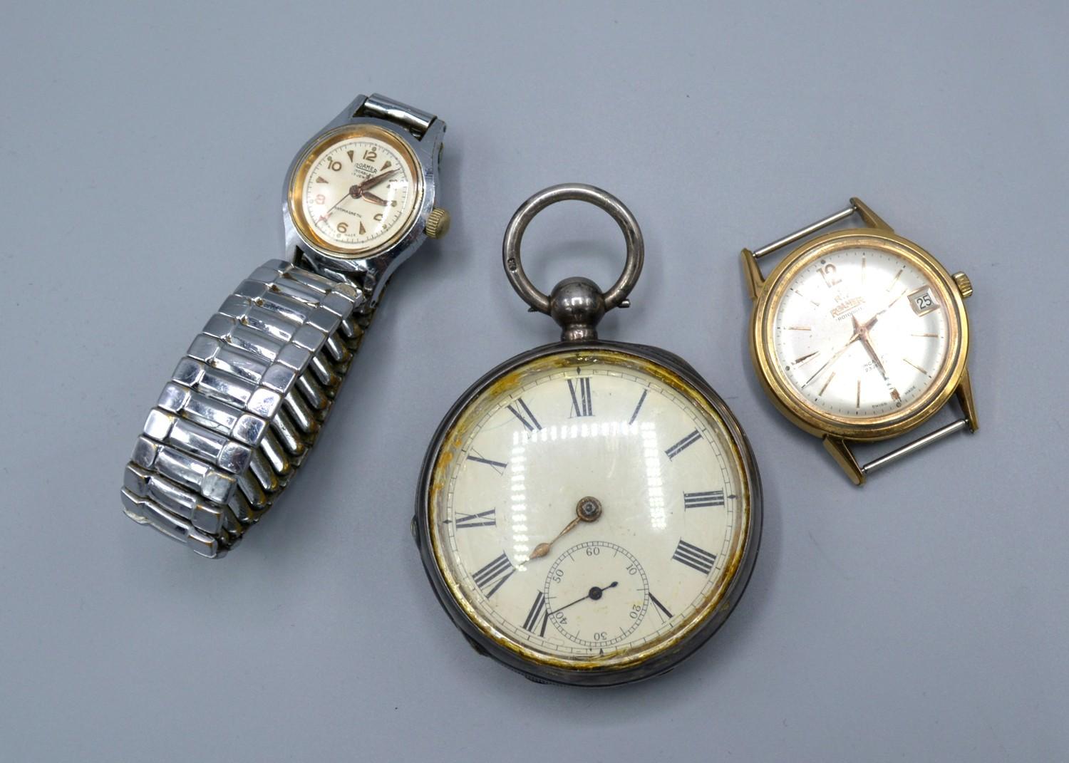 A Silver Cased Pocket Watch by Waltham together with a Roma gold-plated gentleman's wristwatch and a