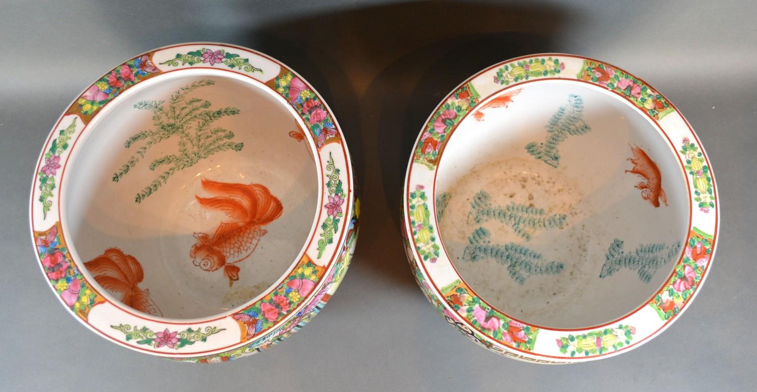 A Pair of 20th Century Chinese Fish Bowls, each decorated in polychrome enamels and highlighted with - Image 3 of 4