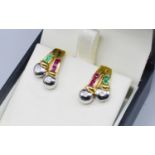 A Pair Of 18ct Gold Diamond, Ruby And Emerald Set Ear Studs, 4.9 grams