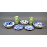 A Group of Three Japanese Underglaze Blue Decorated Bowls, together with two similar smaller and a