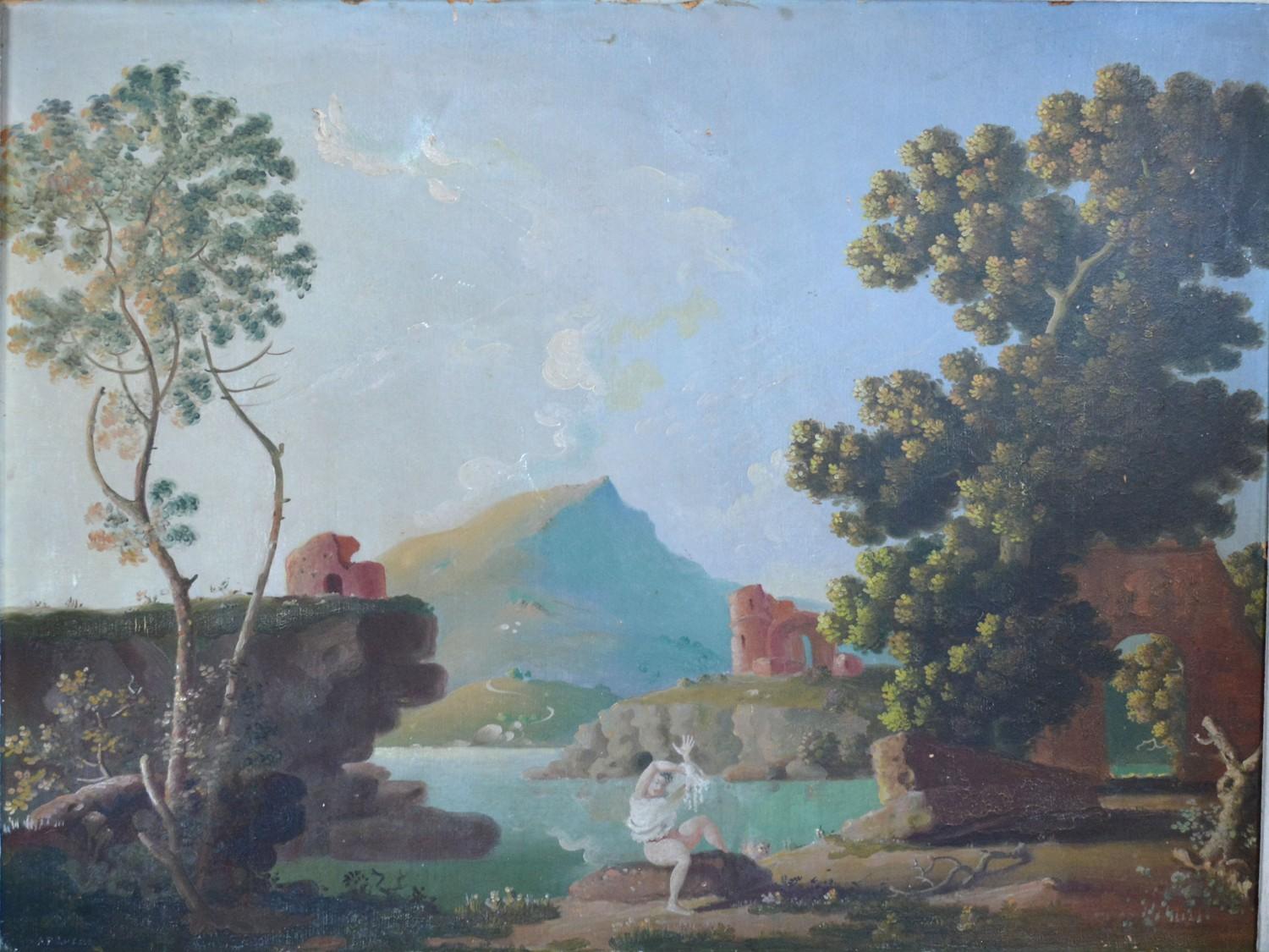 Attributed to Albert H Lucas, Lake Scene with Figure before Ruins, oil on board, signed, 76cm x 88cm - Image 2 of 4