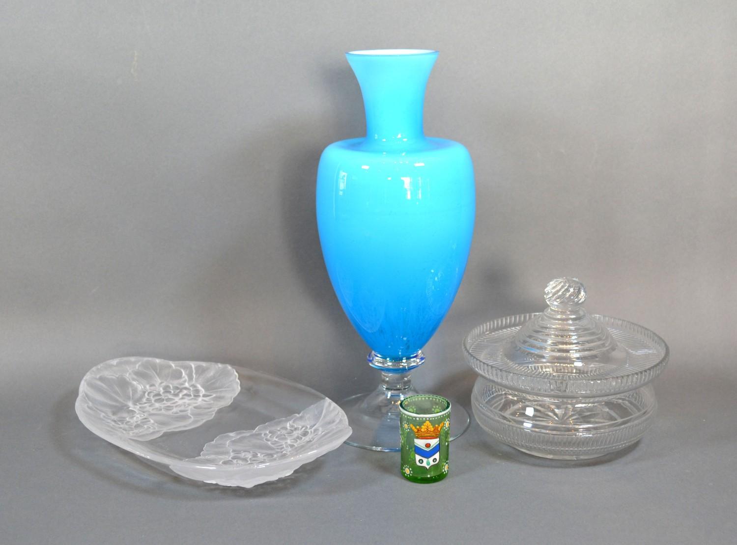 A Blue Glass Oviform Vase with stepped base, 26cm tall, together with a French art glass dish, a