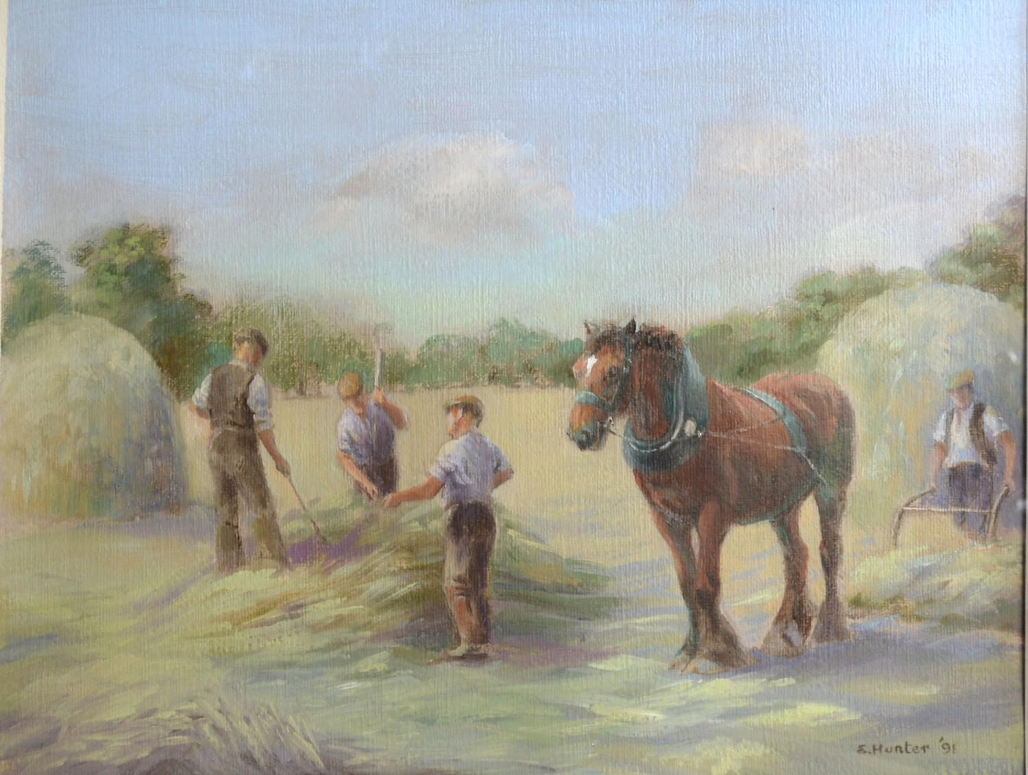 E Hunter 'Haymaking' Oil on Canvas, signed and dated 1991, 38 x 48 cms