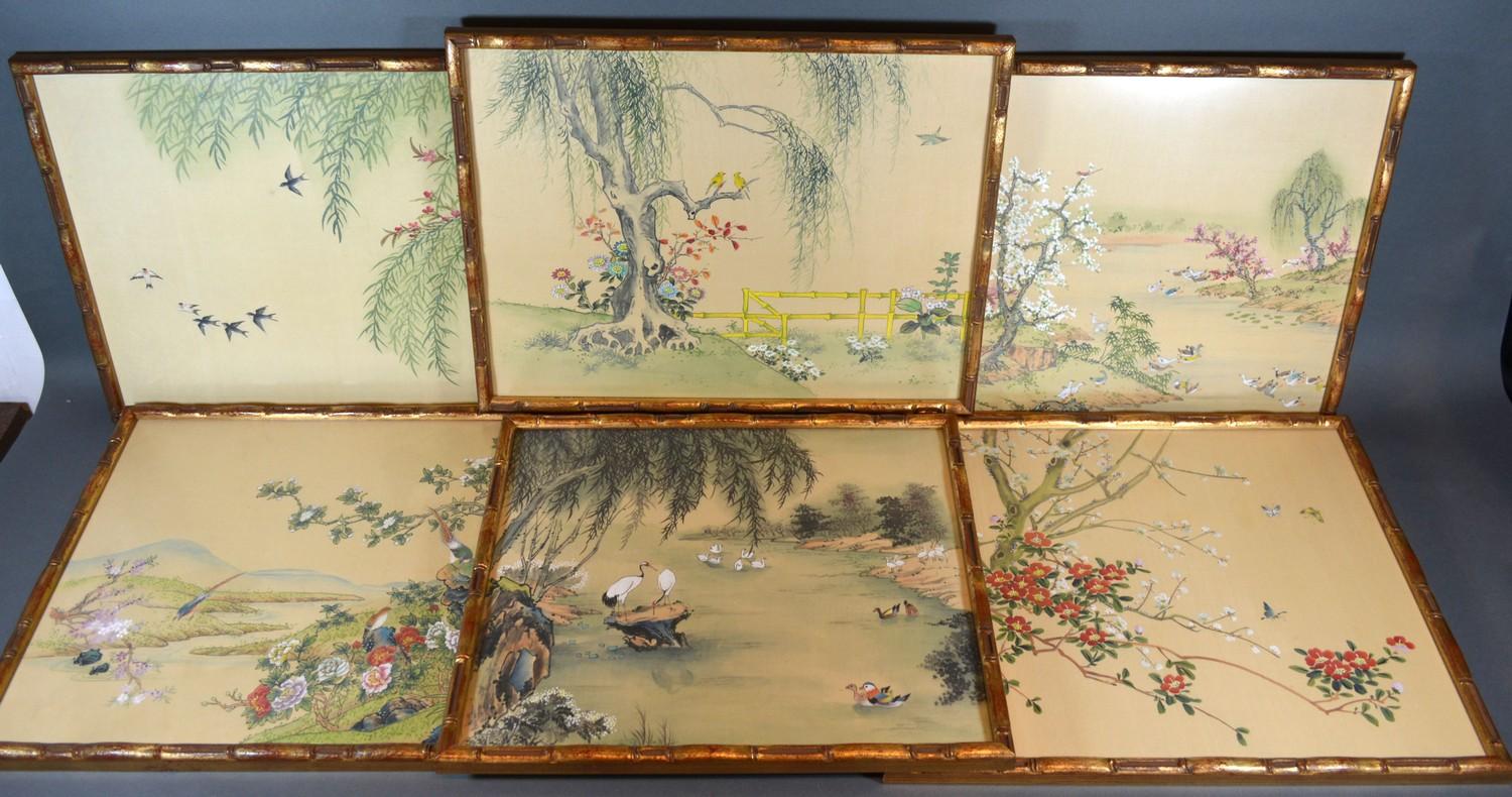 A Set of Six Chinese Paintings on Silk within gilded frames together with other related pictures