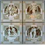 A Group of Four Moyr Smith Minton Tiles titled Winter Svllen and Sad, Winter on Sovnding Skates,