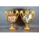 A Pair of Paris Porcelain Style Two Handled Vases each hand painted with figures within an
