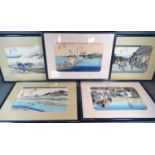 A Set of Five Chinese Watercolours, each depicting figures within landscapes and signed with script,