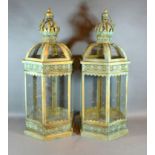 A Pair of Patinated Metal and Glass Hall Lanterns of hexagonal form, 62 cms tall