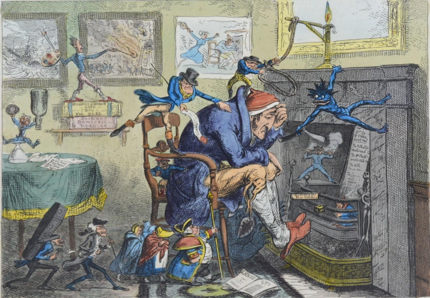 George Cruikshank 'The Blue Devils' published by G Humphrey, London 1823, coloured engraving, 21 x