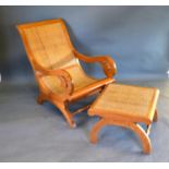 A Hardwood and Cane Seated Plantation Chair of shaped form with matching stool