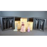Three Coalport Figurines together with two pairs of Waterford Crystal glasses within original boxes