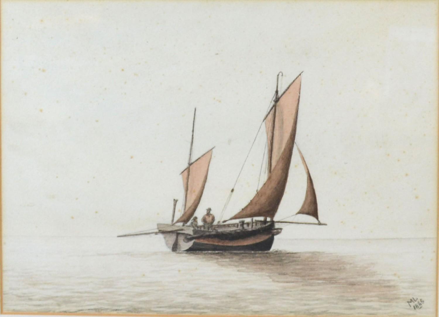 Admiral Marcus Lowther 'Chinese Sailing Boat at Sea' watercolour, monogrammed and dated 1886, 22 x