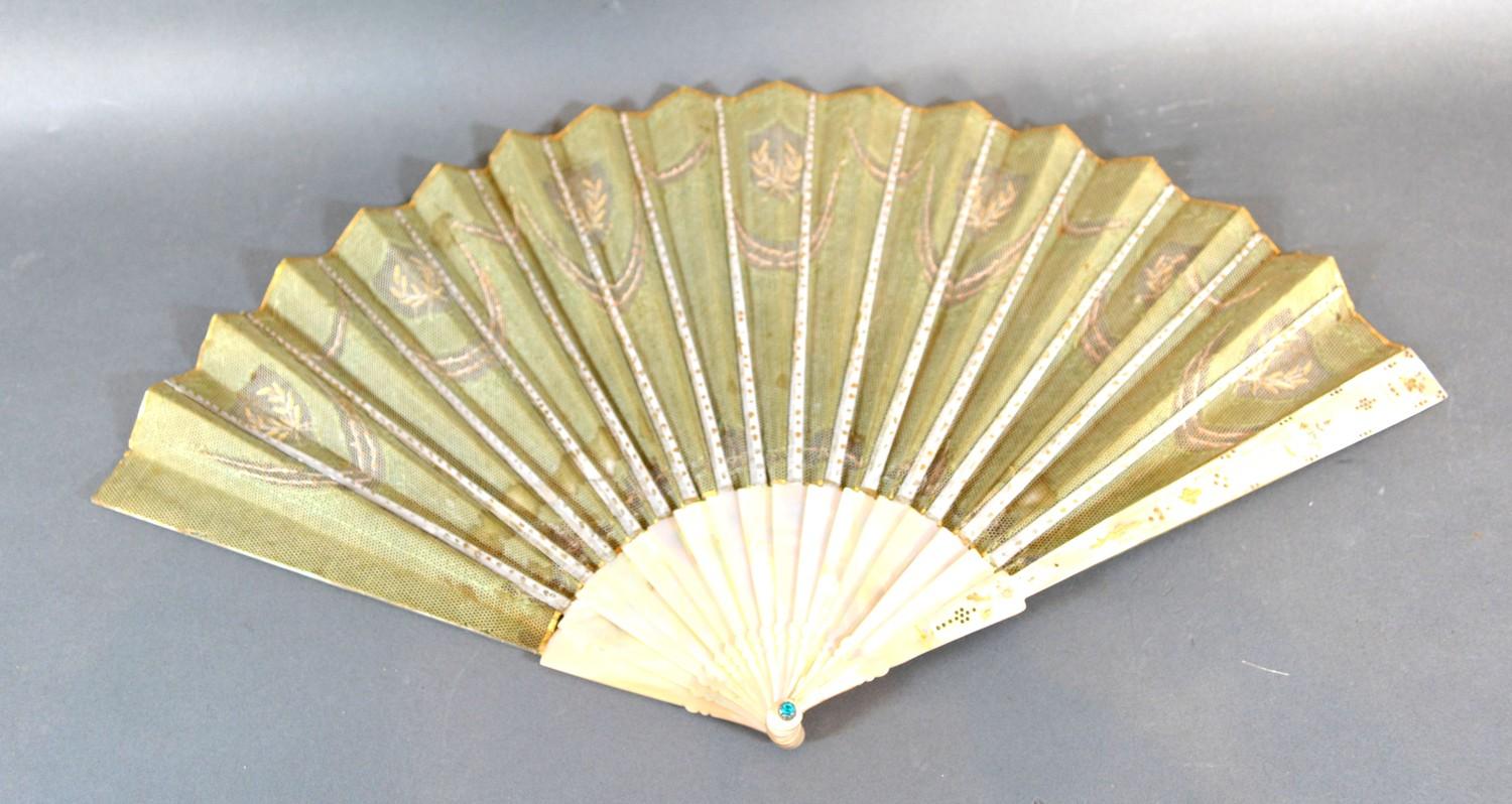 A Late 19th Century J Duvelleroy Fan with gilded embossed decorated mother-of-pearl sticks and - Image 2 of 2