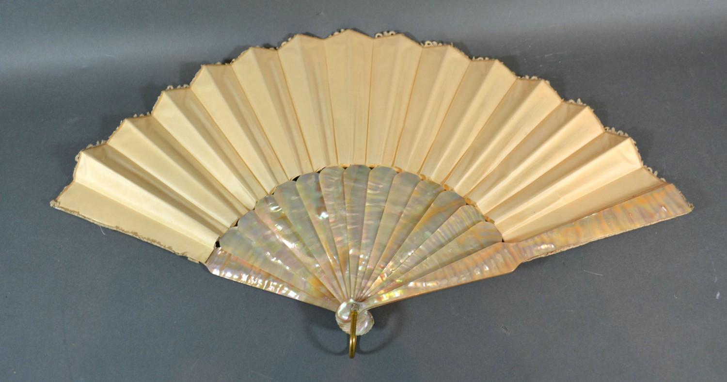 A Lace Fan backed with lilac satin with mother-of-pearl sticks and guards with gilded monogram - Image 2 of 2