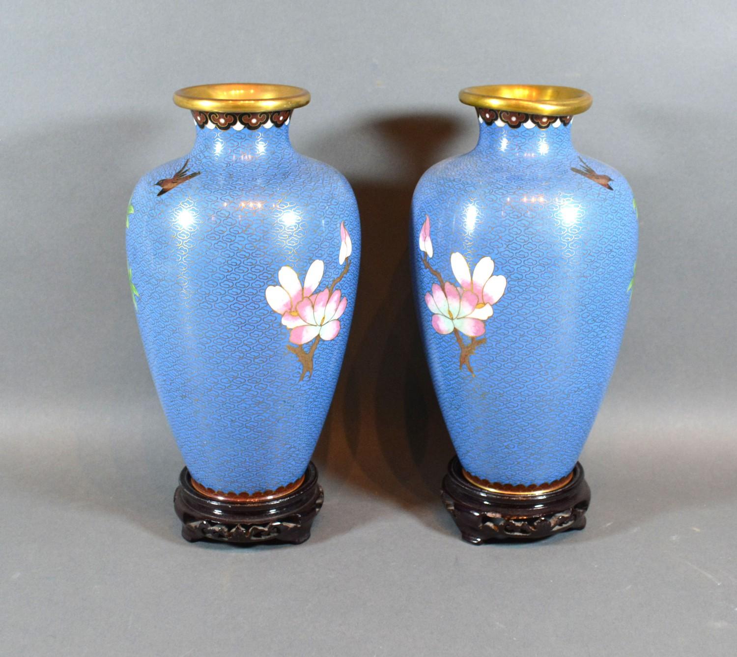 A Pair of Cloisonne Oviform Vases with foliate decoration upon a pale blue ground, each with a - Image 2 of 2