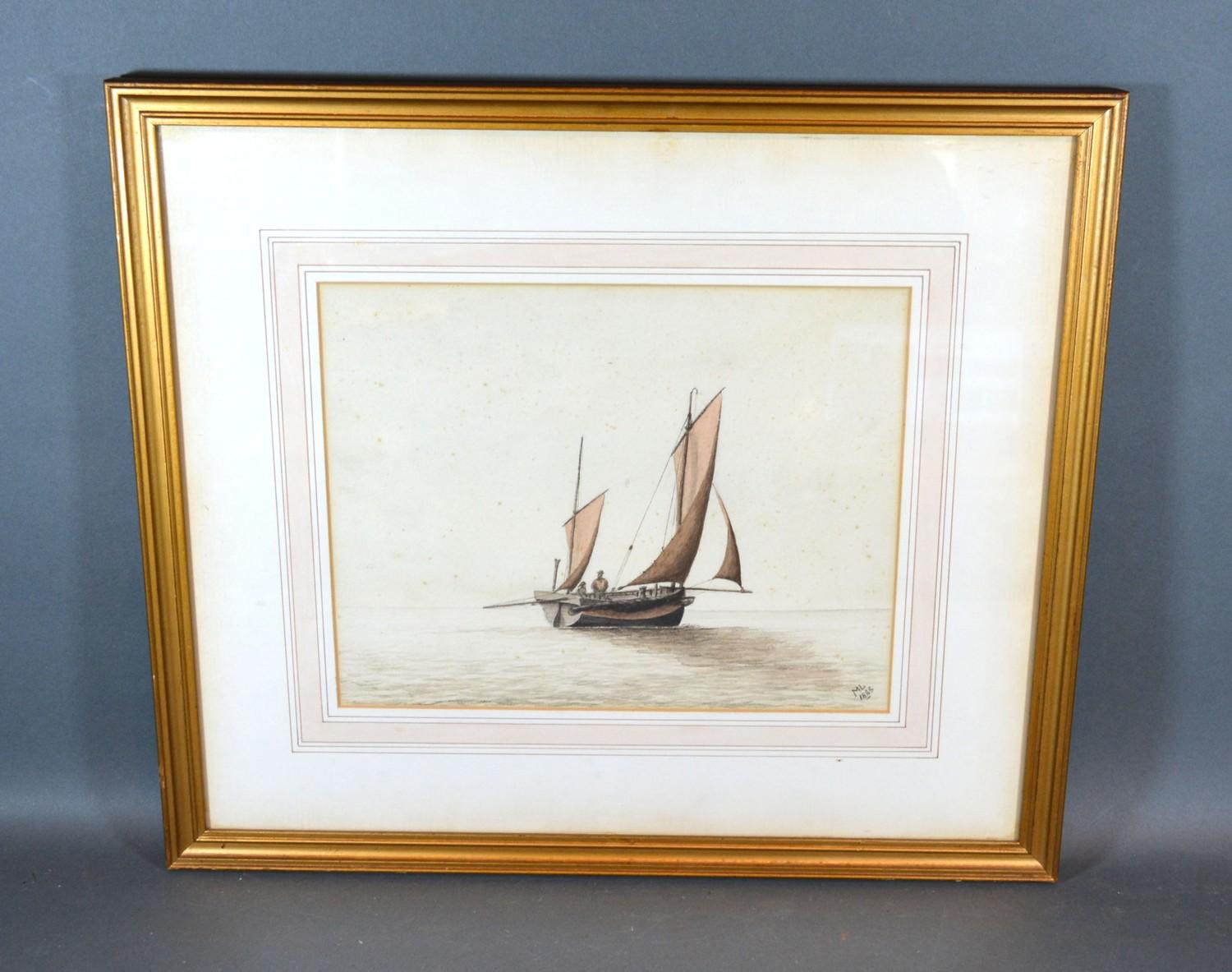 Admiral Marcus Lowther 'Chinese Sailing Boat at Sea' watercolour, monogrammed and dated 1886, 22 x - Image 2 of 3