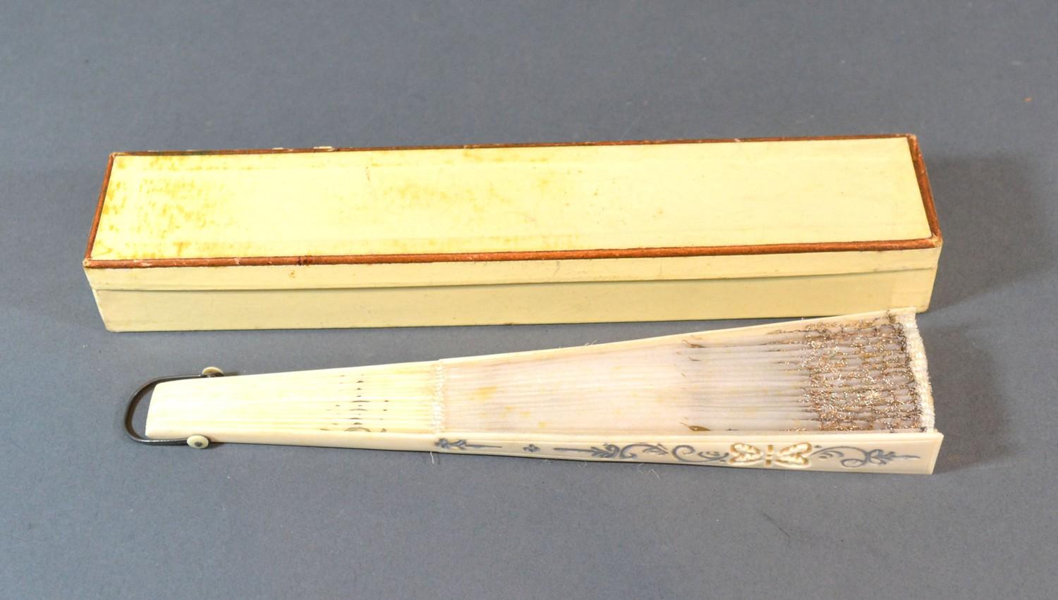 An Ivory and Gauze Leaf Fan with carved ivory sticks and guards and with sequin decorated gauze leaf - Image 3 of 3