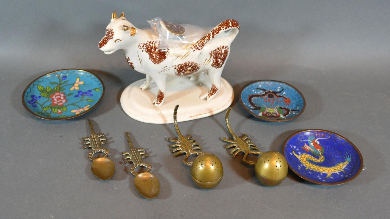 A 19th Century Cow Creamer, together with three cloisonne dishes and two brass condiments with