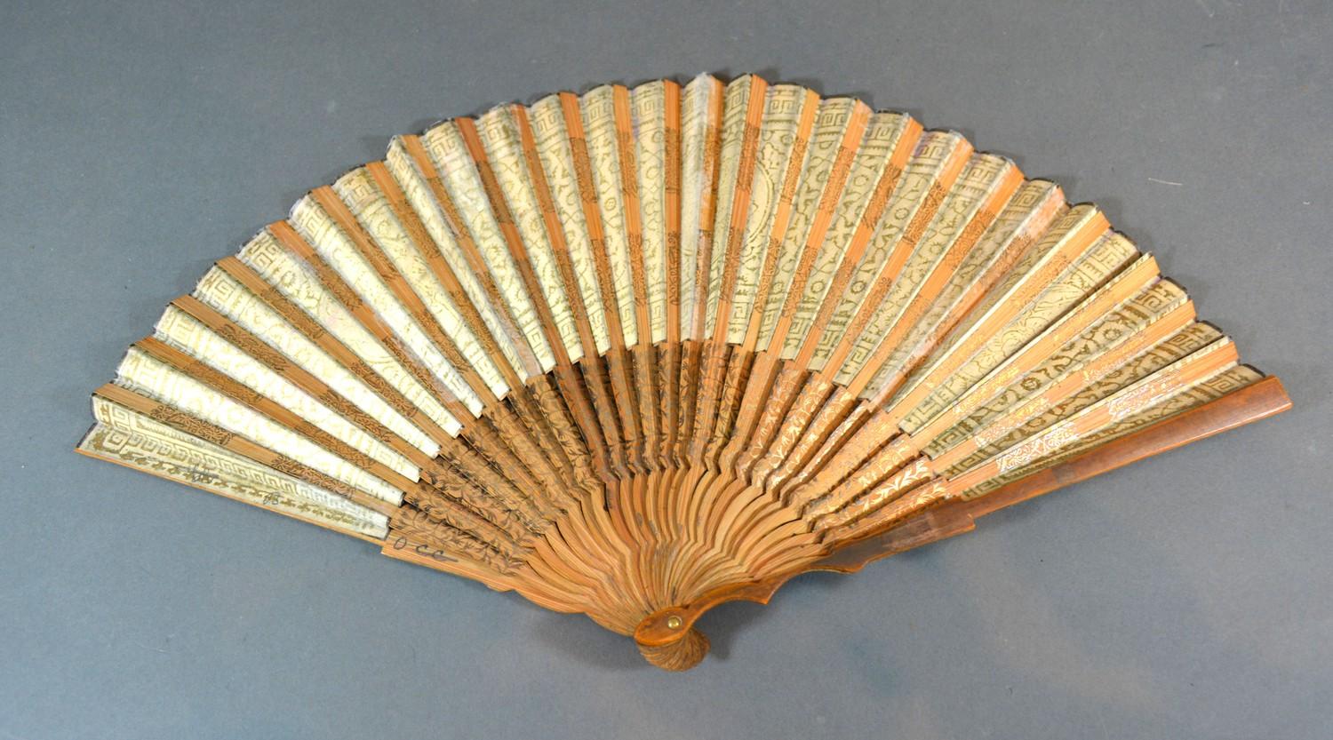 A Mid 18th Century Lined Paper Leaf Fan with serpentine wooden sticks, a hand painted leaf depicting - Image 2 of 2