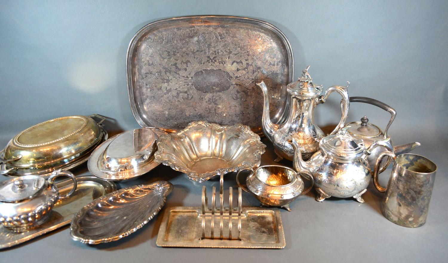 A Silver Plated and Engraved Decorated Tray together with a small collection of other silver plate