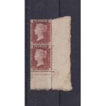 1864-79 Great Britain Penny Red, plate 193 vertical marginal inscriptional plate corner pair, m/