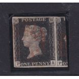 1840 Great Britain 1d Black SG2 Plate 7, 4 margins & part adjacent stamp. Light neat orange MX