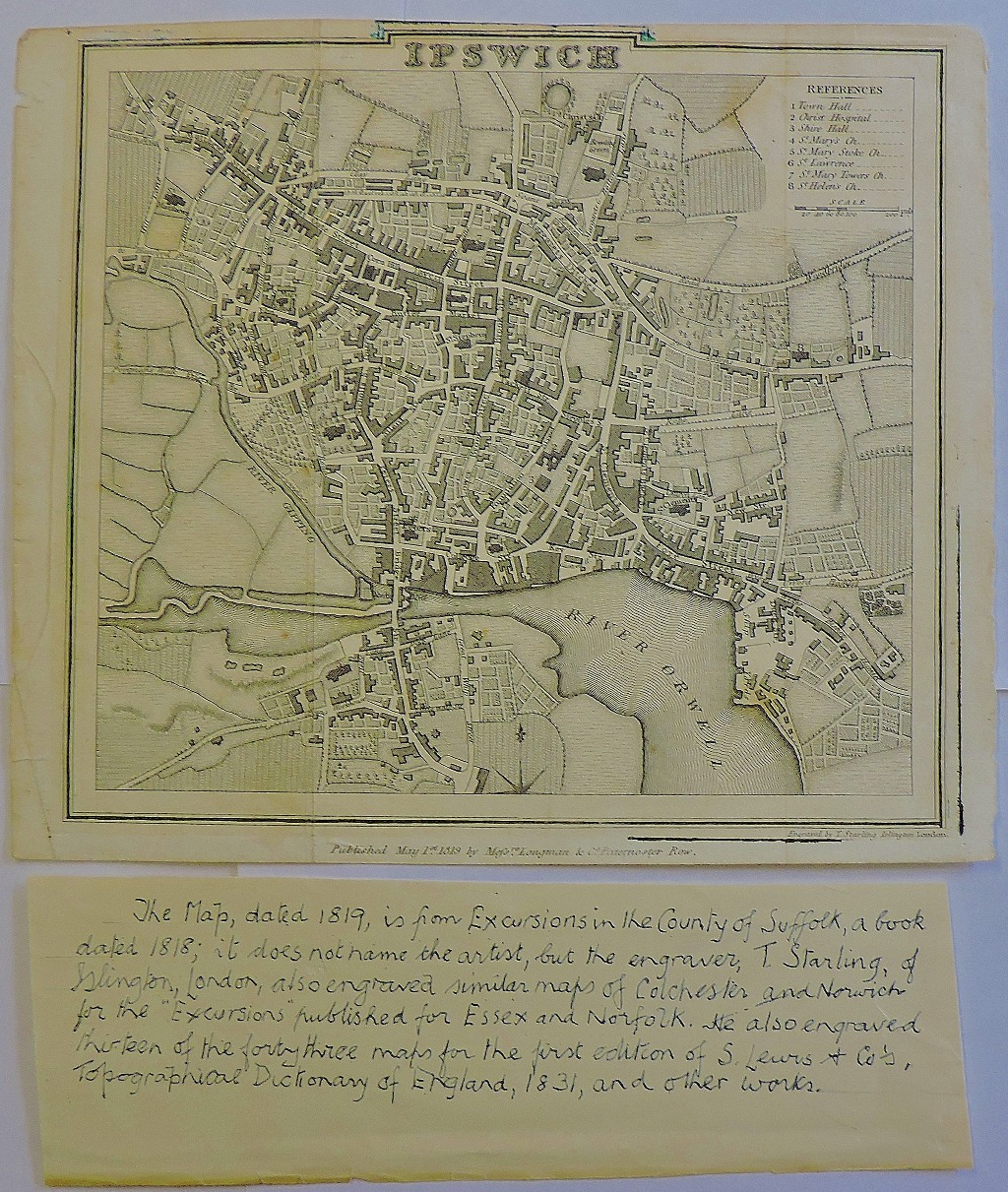 Antique Maps - 1817 Map Ipswich Town, from Excursions in Suffolk' folding crease, very fine.