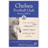 Chelsea v Aston Villa 1951 April 7th Div. 1 vertical crease scores & notes in pen front cover & team