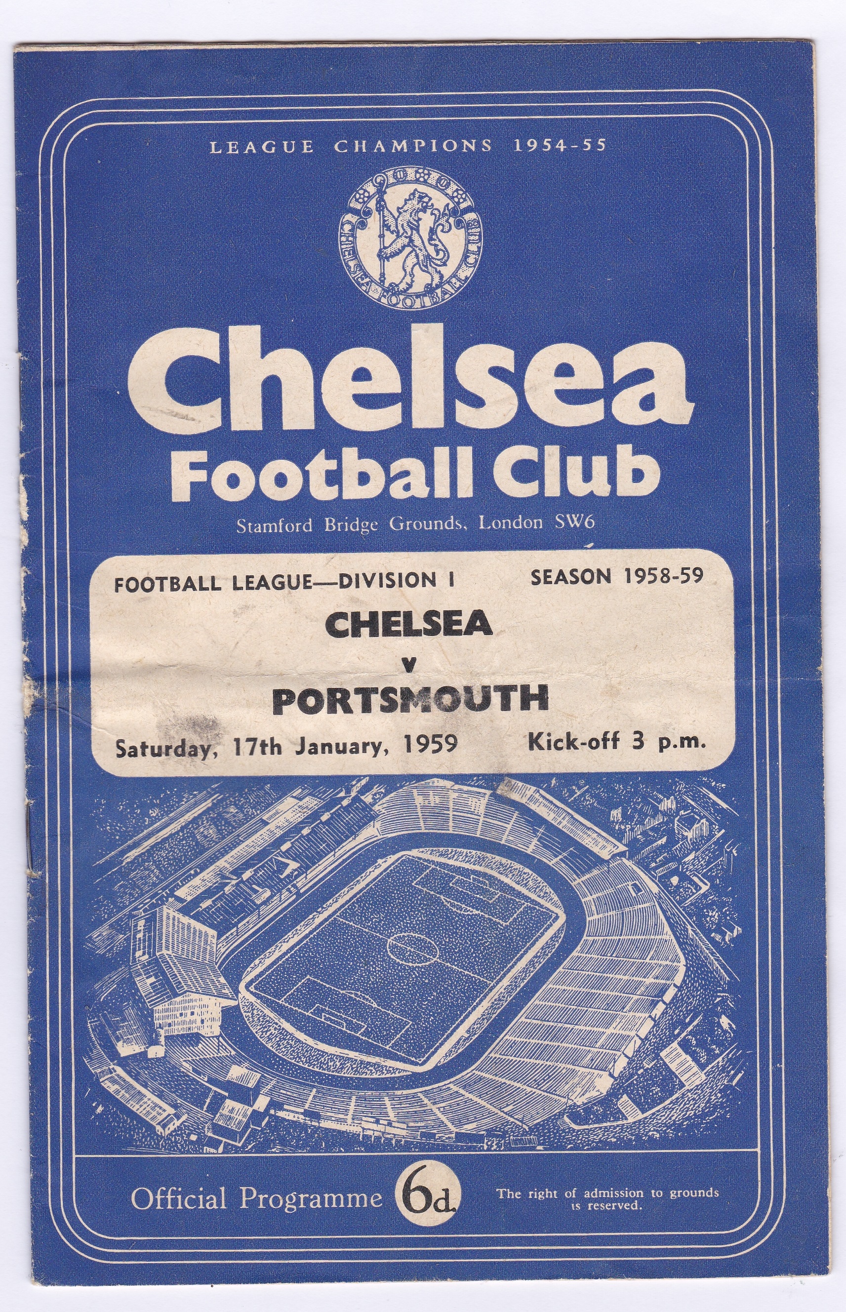 Chelsea v Portsmouth 1959 January 17th Div. 1 horizontal & vertical creases