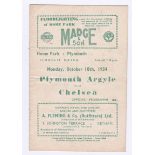 Plymouth Argyle v Chelsea 1954 October 18th Friendly horizontal & vertical crease no staples pages