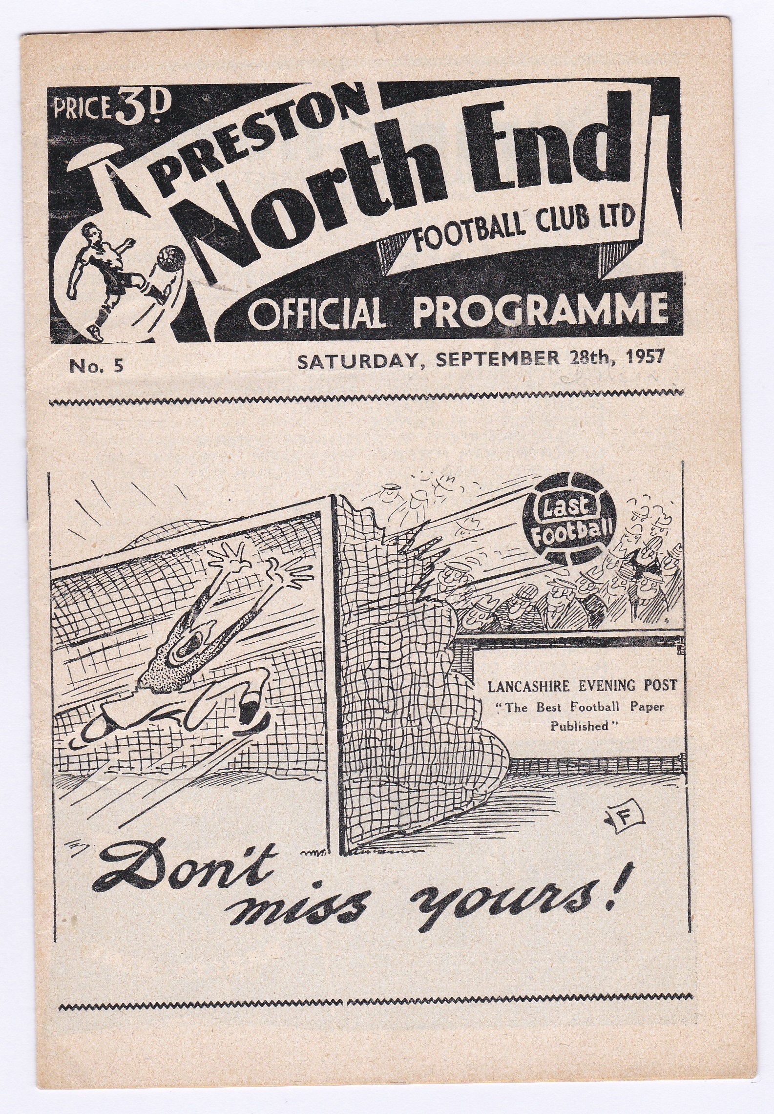 Preston North End v Chelsea 1957 September 28th Div. 1 horizontal creases