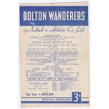 Bolton Wanderers v Chelsea 1955 January 1st Div.1 vertical crease rusty staple