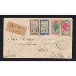 French Colonies Madagascan 1933 Env registered Port Dauphin (No. 008) to Brest Finistere. Fort