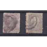 Canada 1868-71-15 cents, pale reddish-purple, used SG61a, and 15 cents dull grey-purple,SG61c,