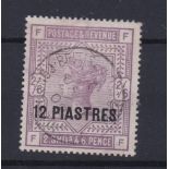 British Levant 1885-12 Piastres on Queen Victoria 2s5d, white paper, very fine cds used SG3a