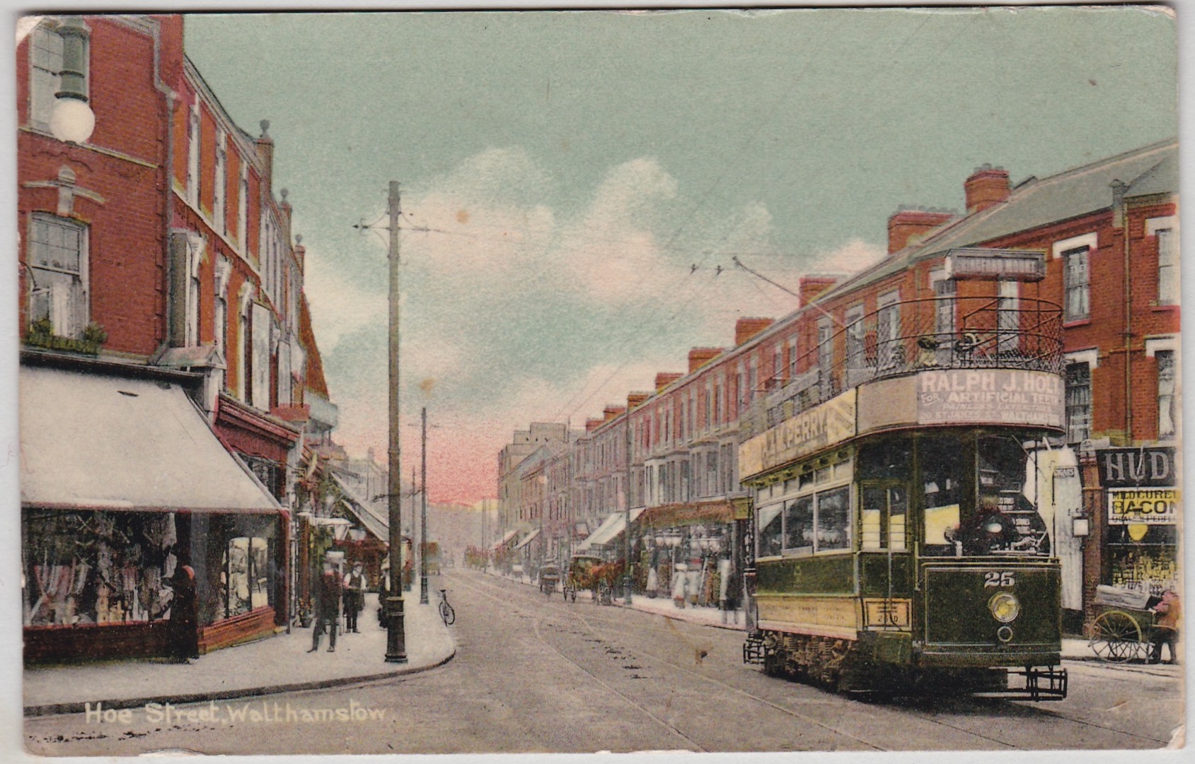 Postcard-Walthamstow (London) Hoe Lane-colour view trams, activity etc used 1918