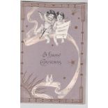 Postcard-Greetings-A delightful postcard embossed with two cherubs sitting on a moon of ribbon-one