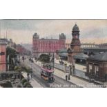 Postcard-Scarborough-Station and Westbro, colour view, trams etc used 1905, pub Valentine series