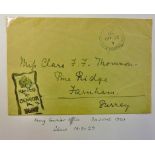 Army Official 1920 Cover From the Rhine to Farnham with 30th June Army Couriers Office cancel and