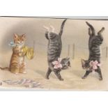 Postcard-Cats-Tricks Colour card(Bavarian) two black cats dancing, another playing cymbals 'Art'