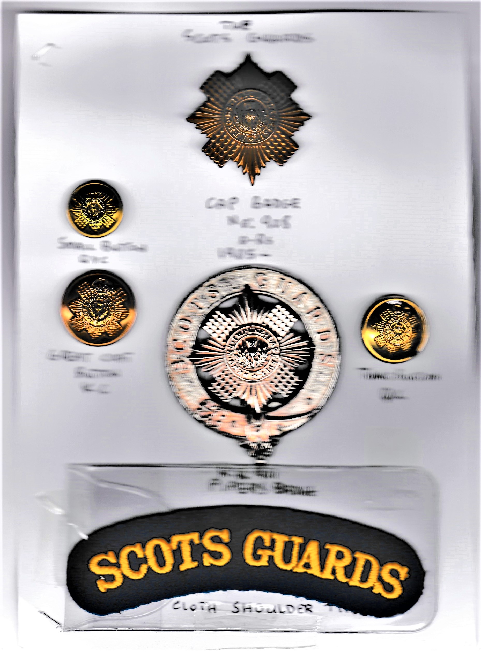 The Scots Guards Other Ranks Cap Badge, Pipers Badge (Silver-plate), three Regimental Buttons and