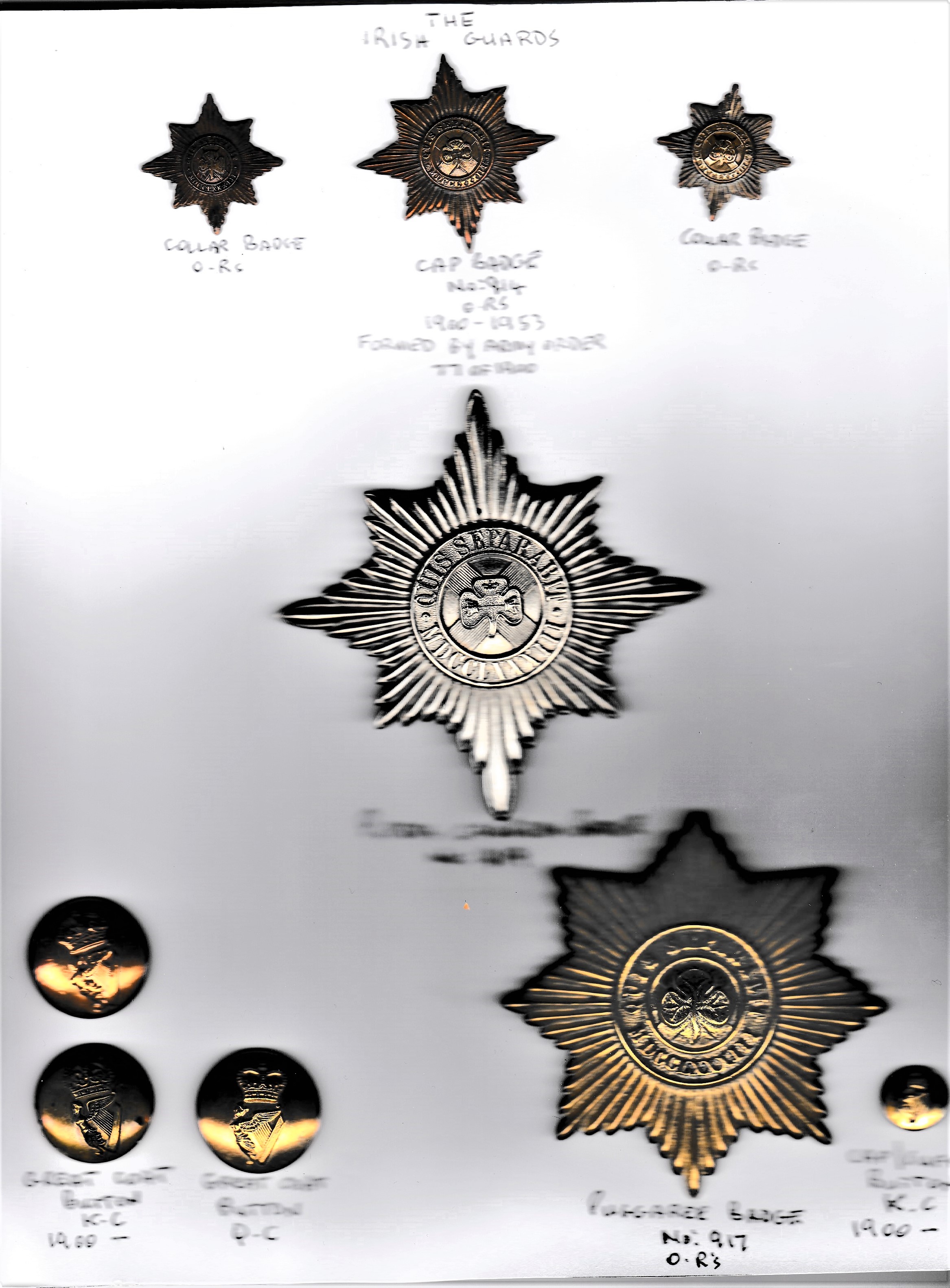 The Irish Guards Military badge collection including: Other Ranks Cap Badge and Collar Badges (