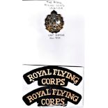 Royal Flying Corps WWI Cap Badge (Gilding-metal), lugs. K&K: 977 with cloth shoulder Title pair.