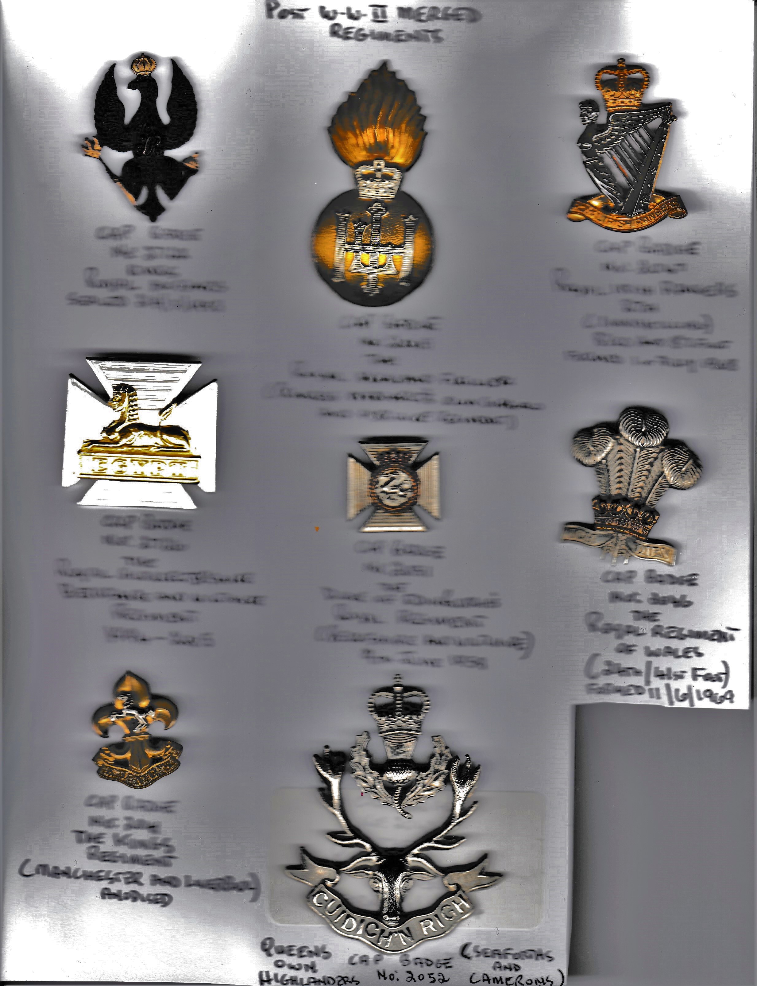 British EIIR Regimental Cap Badges (8) including Royal Hussars, Royal Highland Fusiliers (Princess