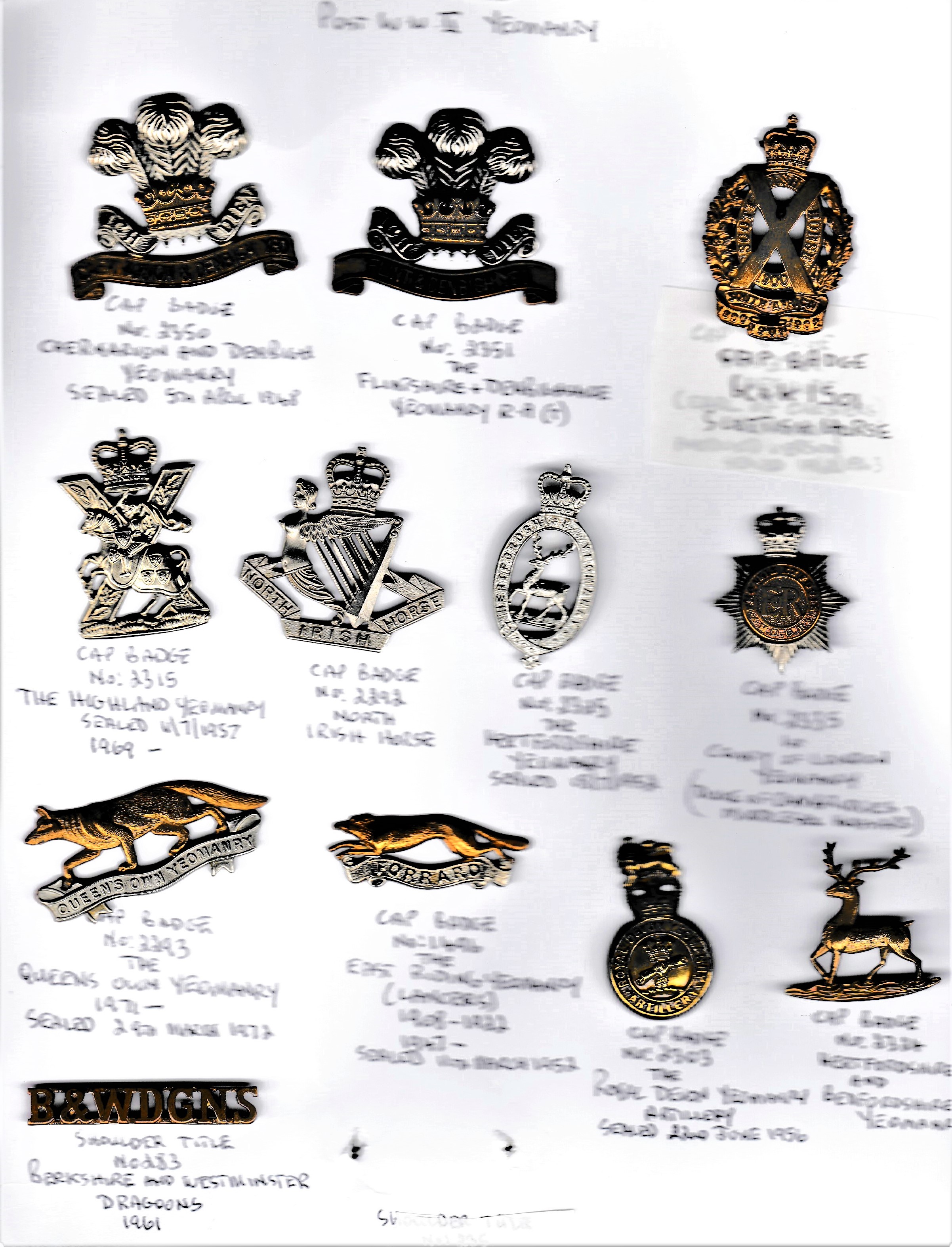 Post WWII Yeomanry EIIR Cap Badges (11) Flintshire & Denbighshire, Scottish Horse, Highland