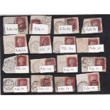 Great Britain 1858 - Penny Red plate, SG43 1d red used x16, on pieces with a variety of