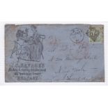 Ireland: 1866 Illustrated envelope Belfast to New York. Bearing 1 shilling green plate 4, Belfast '